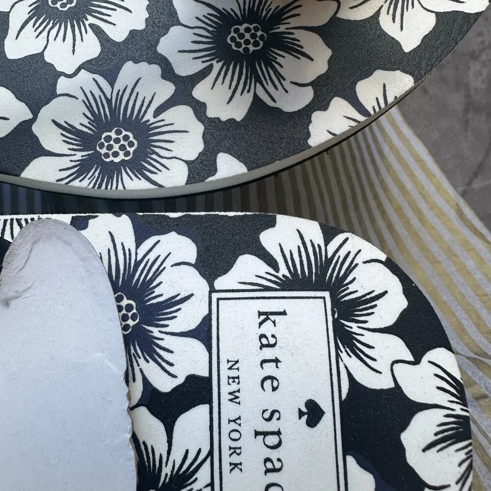 Kate Spade NOVA Sandals Flip Flops Black Shiny Rubber Hollyhock Print NIB s11